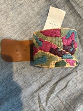 Sezane Multicolor Embroidered Wide Leather Cuff in Pink, Blue, Green